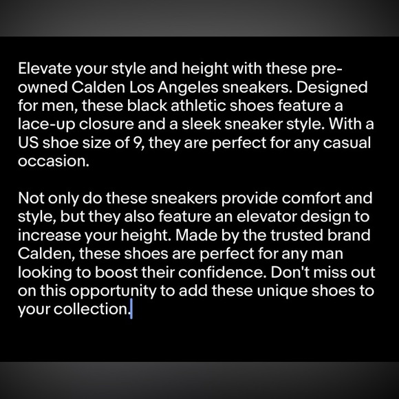 Calden Shoes Men’s Size 9 Los Angeles Sneakers Increasing Height Elevator Black - Picture 10 of 10